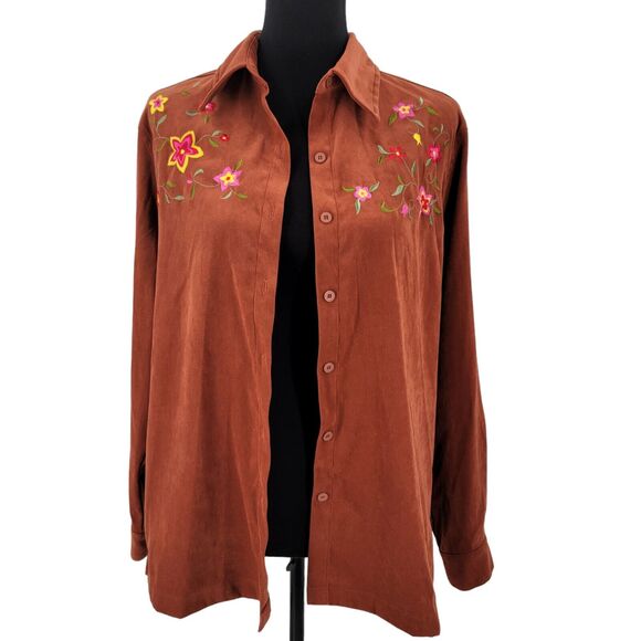Courtenay Stretch Shirt Women's 6 Embroidered Button Up Faux Suede Brown - Picture 5 of 13